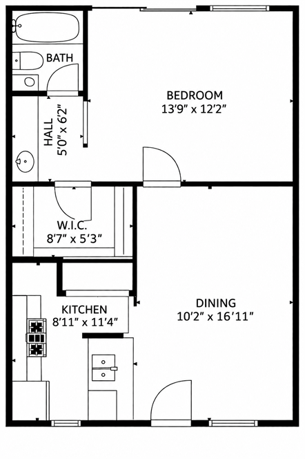Floor plan diagram — 1 bedroom, 1 bath, 606 sq ft at 1540 Apartments
