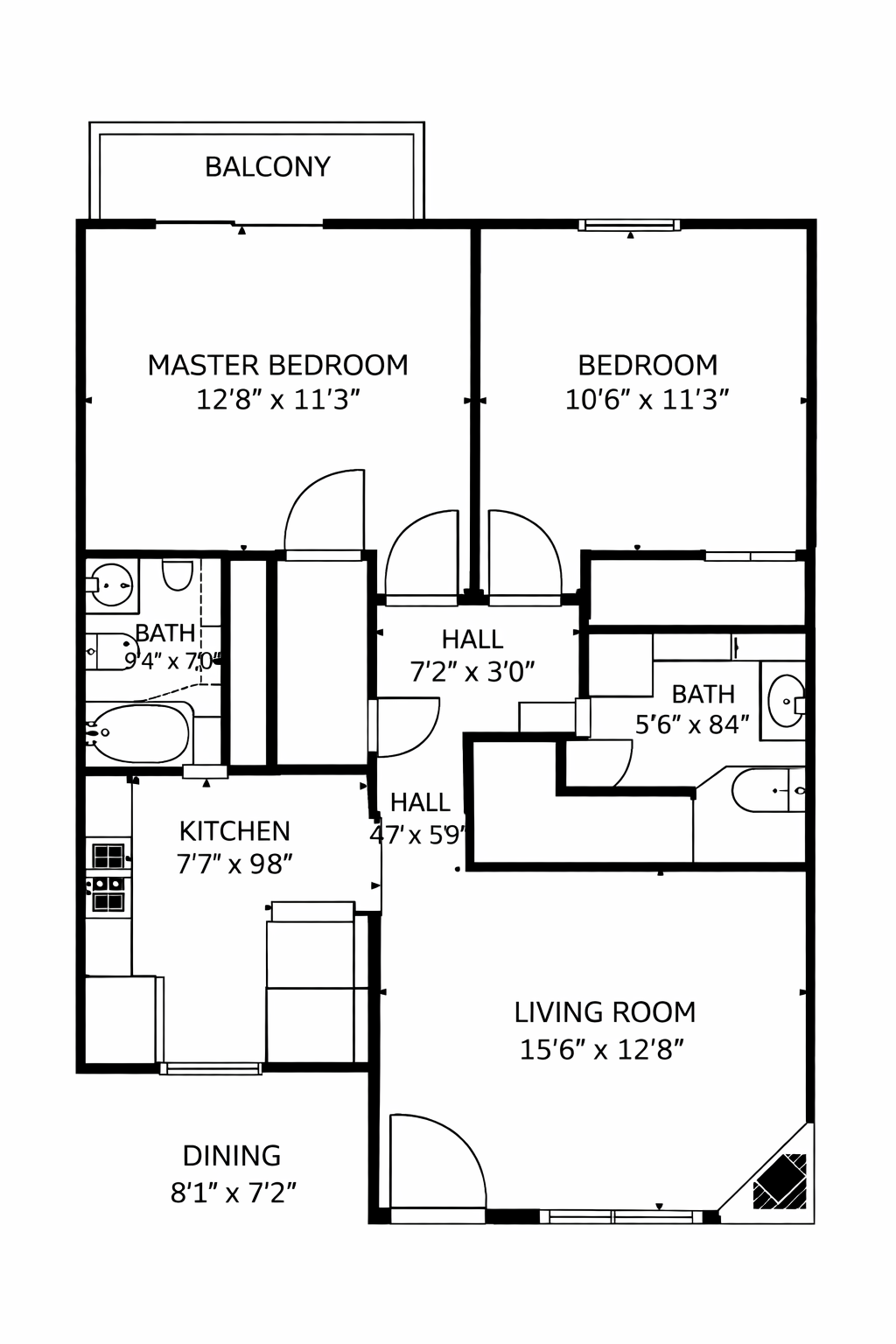 Floor plan diagram — 2 bedroom, 2 bath, 882 sq ft at 1540 Apartments