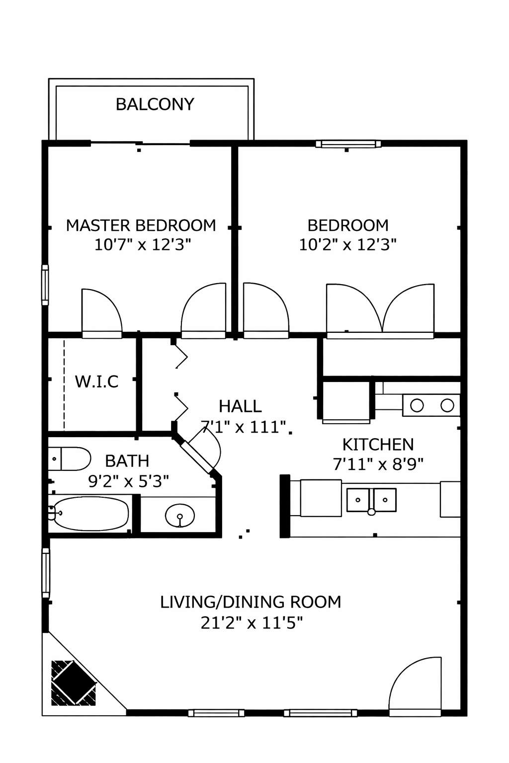 Floor plan diagram — 2 bedroom, 1 bath, 792 sq ft at 1540 Apartments